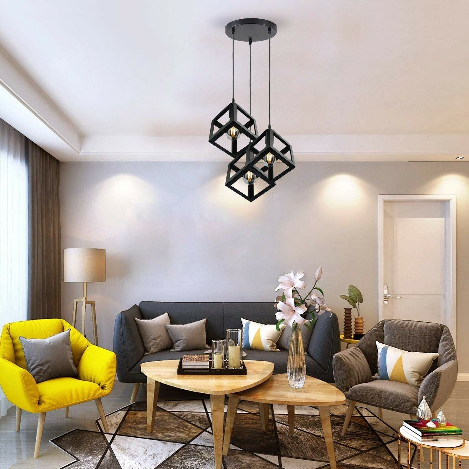 3 Cluster Pendant Light in Black Square Shape ~1256