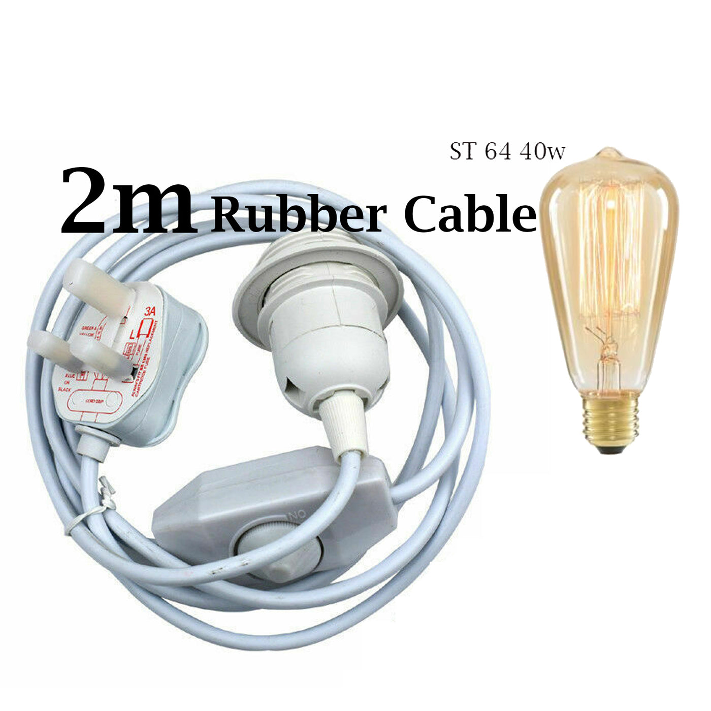 White 2m Plug In Pendant with Switch Holder Lighting Cable