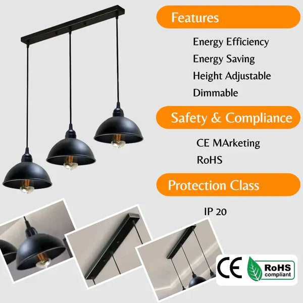 Industrial Adjustable 3 Head Black Pendant Light