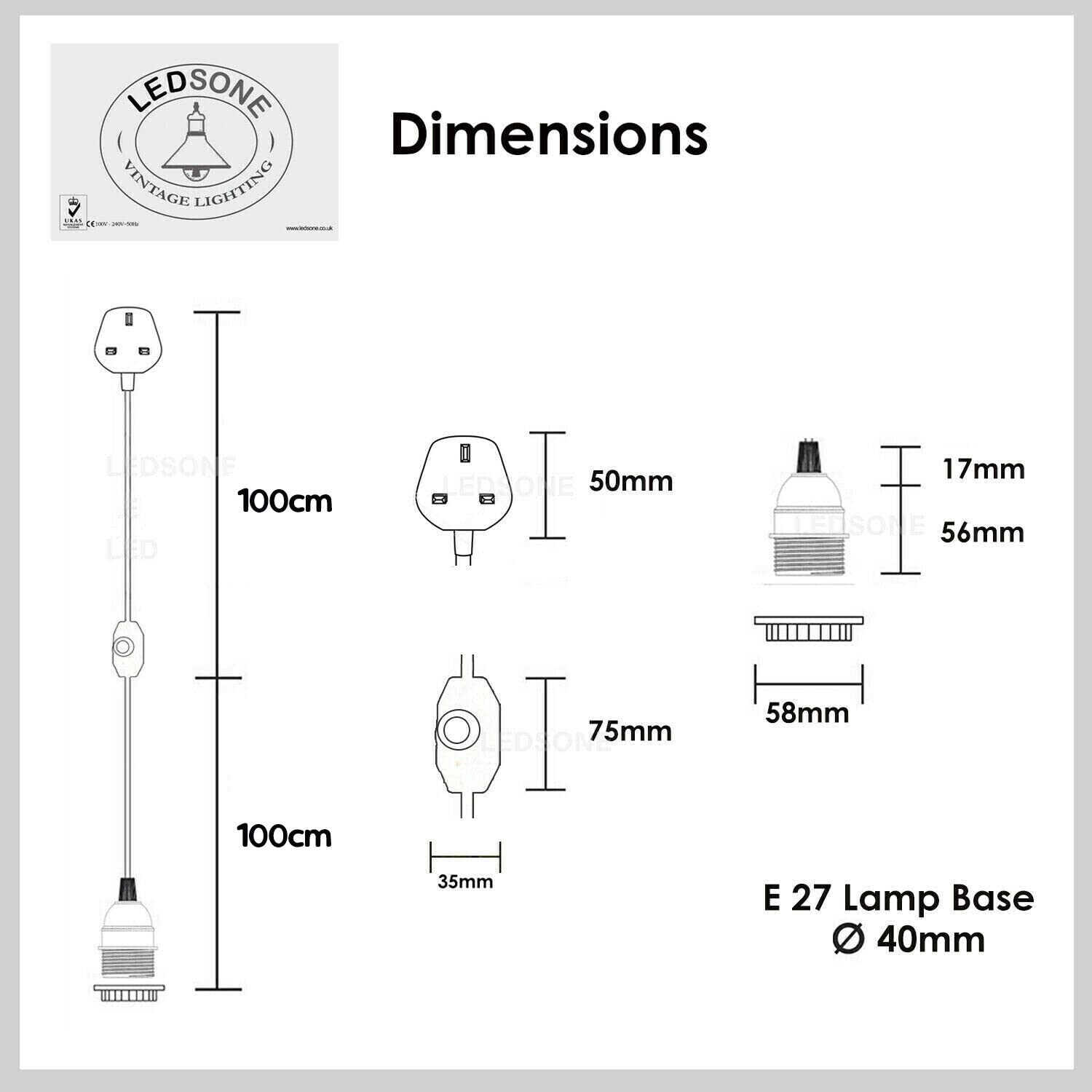 White 2m Plug In Pendant with Switch Holder Lighting Cable